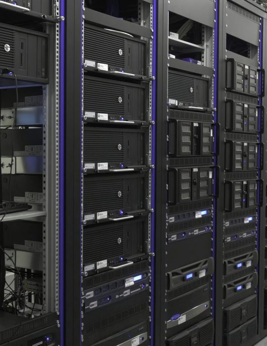 Many powerful servers running in the data center server room. Many servers in a data center. Many racks with servers located in the server room. Bright display a plurality of operating equipment 4K